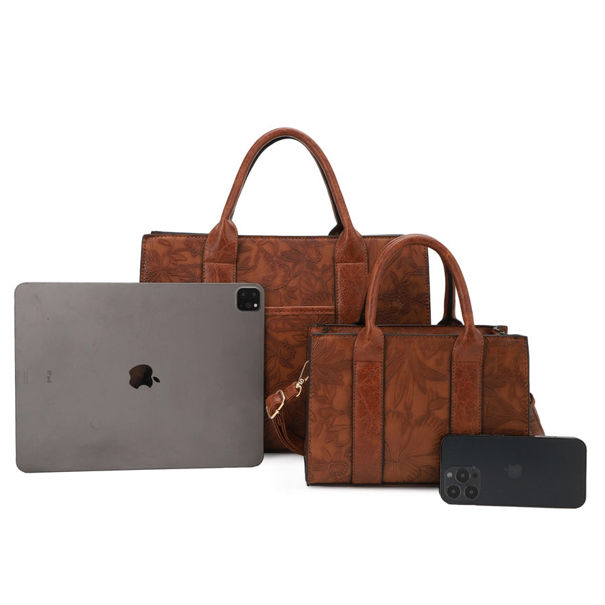 Handbag - KA Mallory 2 in 1 - Hibiscus Tooled Brown