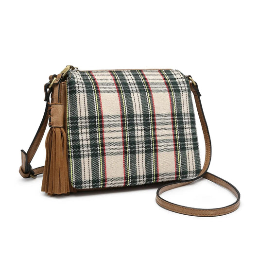 Handbag - MW - Three Compartment Crossbody - Tan Plaid