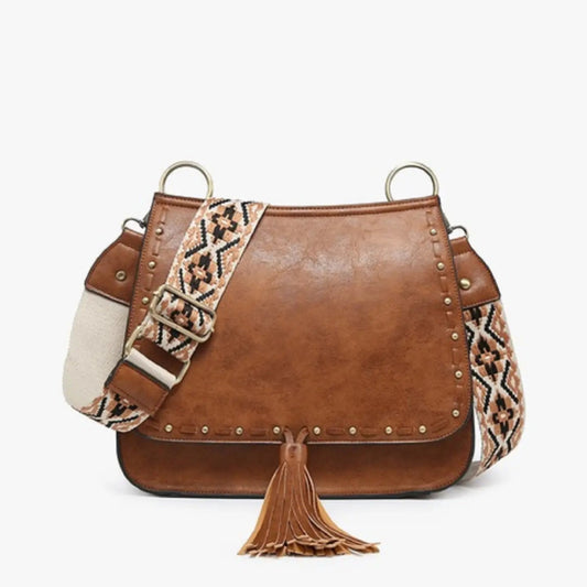 Handbag - MW - Structured Flapover Crossbody with Guitar Strap - Brown/Tan